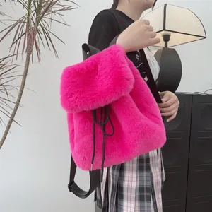 Kunstkaninchenfell Rucksack Für Damen Mädchen Süß Flauschig Weich Großes Kapazität Kordelzug Einfarbig Leopardenmuster Casual Rucksack