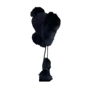 Gorro de invierno de punto negro para mujer con pompones de piel de zorro y forro