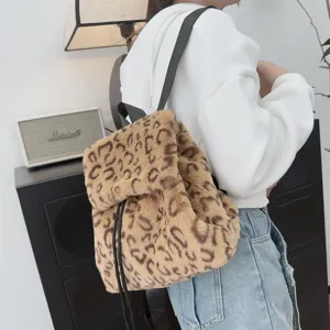 Trendiger Plüsch-Rucksack mit Leopardenmuster und Kordelzug für Schüler und Mädchen