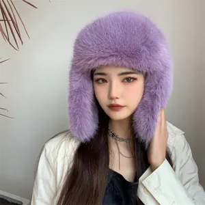 Stylish purple faux fox fur trapper hat for women, soft warm winter headwear detail