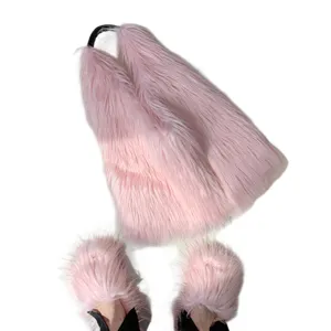 Conjunto de moda de bolso tote rosa de pelo sintético largo y zapatillas estilo Y2K