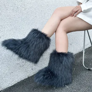 Close-up detail showing the plush texture of blue-grey faux fur snow boots in Y2K style.