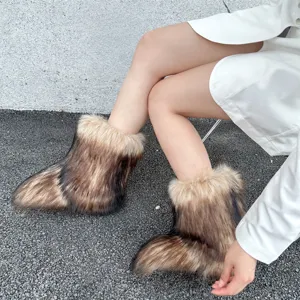 Close-up of fluffy faux raccoon fur snow boots featuring Y2K style and bulky design