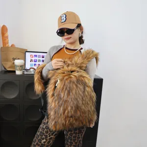 Detailed view of a trendy Y2K faux raccoon fur backpack featuring a thick fluffy texture