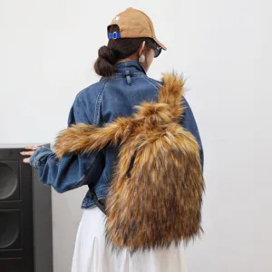 Detail view showing the texture of a large Y2K style faux raccoon fur backpack.