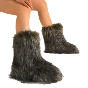 Botas de nieve de piel de mapache sintética estilo Y2K cálidas para invierno mujer