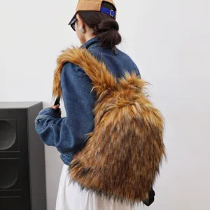 Back view of a trendy large Y2K faux raccoon fur backpack worn with a casual denim jacket.