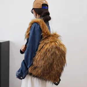 Fashionable large capacity faux raccoon fur backpack with Y2K aesthetic style