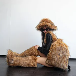 Detail of oversized brown faux fur backpack and matching accessories in Y2K style
