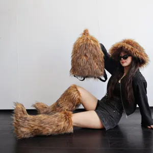 Faux raccoon fur backpack shown with matching fur hat and leg warmers in Y2K style
