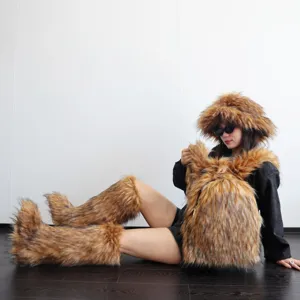 Detailed view of Y2K style faux raccoon fur backpack and matching furry boots set