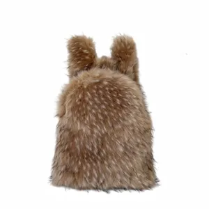 Detailed view of a brown faux fur Y2K backpack with cute animal ears and soft texture