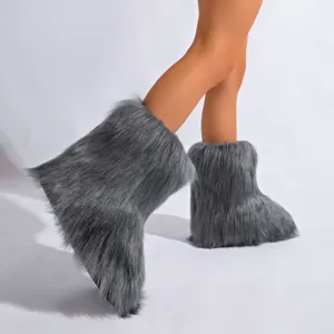 Bottes de neige en fausse fourrure de renard grise, design y2k moelleux pour l'hiver