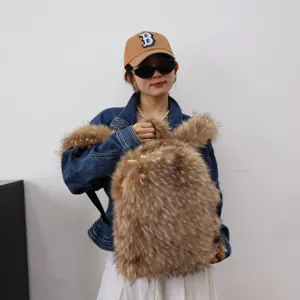 Detail shot of a fluffy faux raccoon fur backpack in Y2K style worn by a model