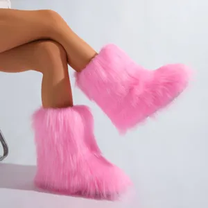 Bottes de neige rose vif en fausse fourrure style Y2K moelleux pour une mode hivernale
