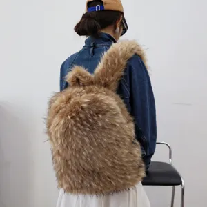Stylish brown faux raccoon fur backpack with Y2K aesthetic shown from a back view