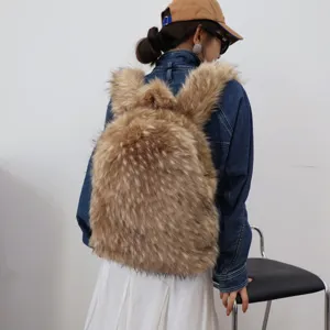 Detailed view of a Y2K style fluffy faux raccoon fur backpack on a model's back.