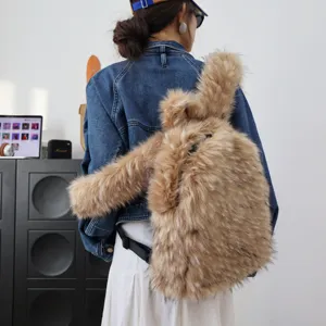 Detail view of large faux raccoon fur backpack on model for Y2K fashion style