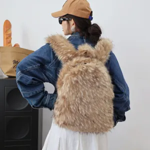 Detailed back view of a stylish faux raccoon fur backpack on a model with denim