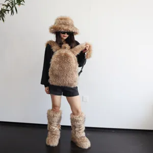 Model wearing Y2K style faux raccoon fur backpack with matching hat and boots