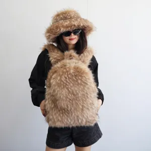 Detailed view of Y2K faux raccoon fur backpack and matching plush hat on model at white background