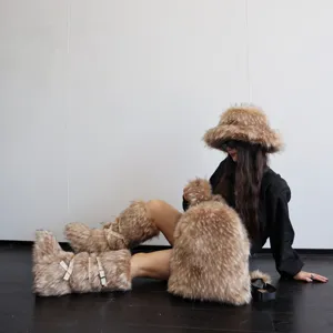 Detailed view of a model wearing a Y2K style faux raccoon fur backpack and furry boots