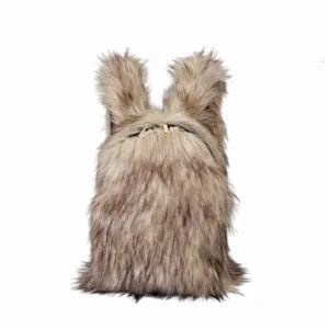 Fashionable Y2K faux raccoon fur backpack featuring cute rabbit ears and gold zipper detail