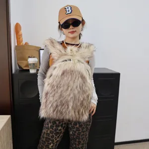 Detailed shot of Y2K style faux raccoon fur backpack worn on an Asian model