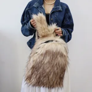 Lifestyle detail of a large Y2K style faux raccoon fur backpack carried by a person in denim