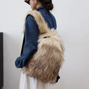 Side view detail of a fluffy Y2K style faux raccoon fur backpack worn by a model