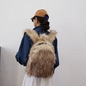 Back view of a large Y2K faux raccoon fur backpack worn by a model for a stylish look