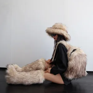 Side view of Y2K style faux raccoon fur backpack and matching furry set accessories