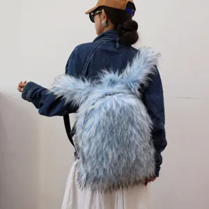 Close-up of fluffy light blue faux raccoon fur backpack with long ears decoration