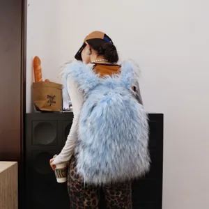 Detailed view of a trendy light blue faux raccoon fur backpack in Y2K style.