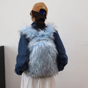 Trendy light blue faux fur backpack in Y2K style shown from a back-view perspective