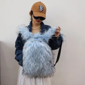 Detailed macro view of light blue faux fur Y2K backpack with soft raccoon-style texture.