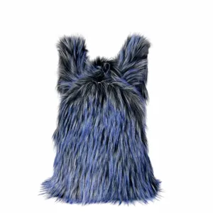 Trendy Y2K style faux raccoon fur backpack featuring blue and black mixed colors detail view