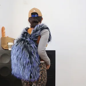 Large oversized blue and black fluffy faux fur backpack for Y2K aesthetic style outfits