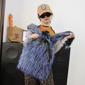 Detail view of stylish Y2K blue and purple faux raccoon fur backpack with large capacity