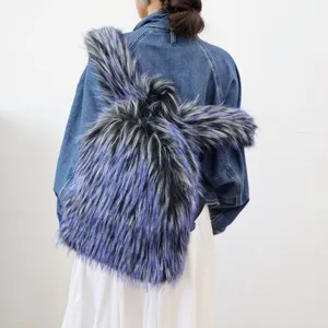 Detailed view of a Y2K style large faux raccoon fur backpack worn on model's back
