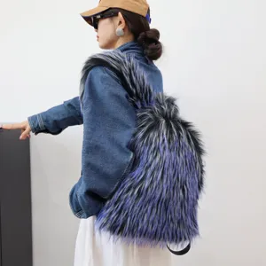 Detailed side view of a fluffy blue faux raccoon fur backpack with Y2K fashion style
