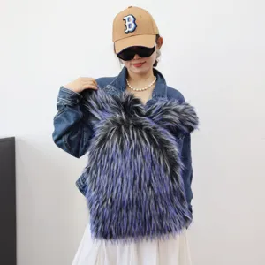 Detail view of a Y2K style faux raccoon fur backpack with vibrant blue and black textures