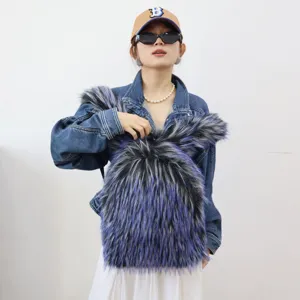 Faux fur purple backpack Y2K style shown on a model with denim jacket