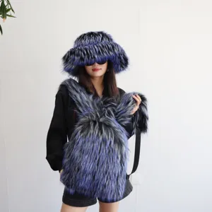 Stylish blue and black faux raccoon fur backpack and hat set shown on model in Y2K style