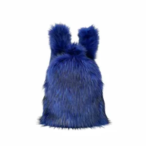 Macro view of dark blue fluffy faux fur backpack with cute ears in Y2K fashion style