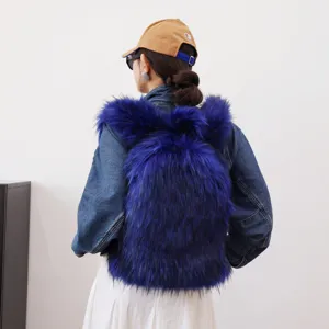 Back view of a trendy royal blue faux fur backpack styled with a denim jacket