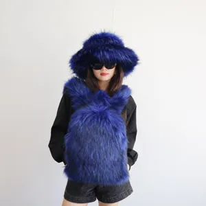 Stylish electric blue faux raccoon fur fluffy backpack for Y2K fashion look