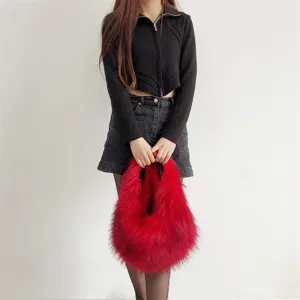 Stylish vibrant red faux fur handbag for women, Y2K style plush tote bag detail view