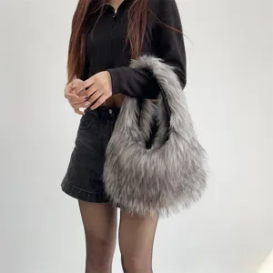 Stylish grey faux fur vest-style tote bag carried by a model in a trendy Y2K aesthetic