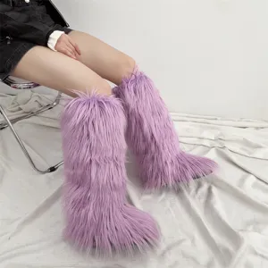 Close-up detail showing the fluffy texture of lavender faux fur knee-high snow boots